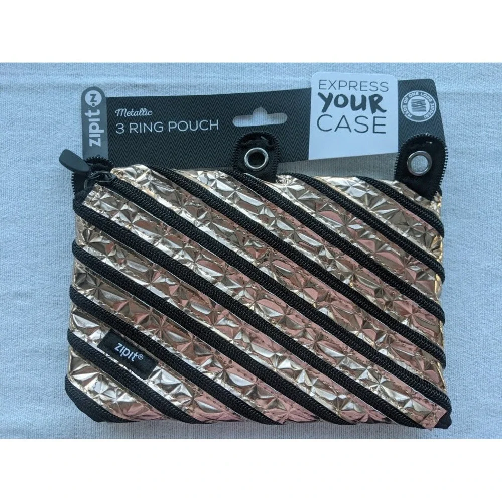 Zipit Metallic Gold 3 Ring Pouch Express Your Case Pens‎ Pencils School Supplies